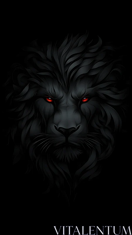 Midnight black lion portrait with glowing crimson eyes.