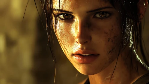 Battle-worn heroine in cinematic golden side lighting closeup.