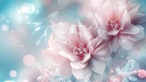 Luminescent Pink Peonies Against Ethereal Blue Gradient.