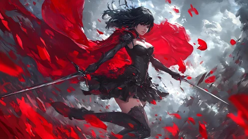 Dynamic anime swordswoman in black armor with crimson cape in motion