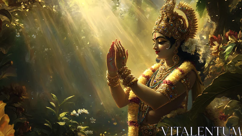 Divine figure prays in golden forest light, jeweled splendor