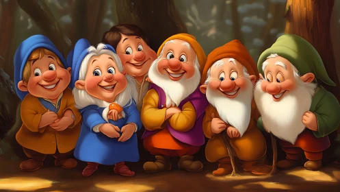Smiling cartoon dwarfs stand together in warm forest light