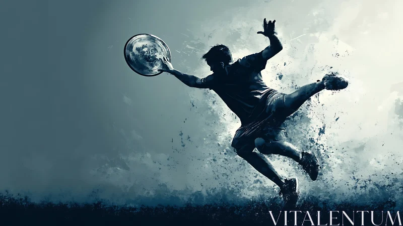 Silhouetted athlete in dynamic midair leap with flying disc.