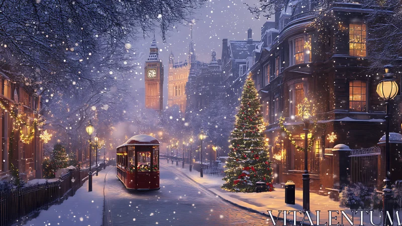 Snowy London streetcar gliding past a glowing Christmas tree.