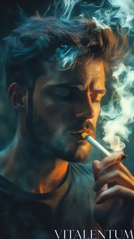 Cinematic portrait of young smoker in volumetric colored smoke.