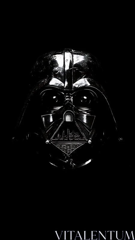 Specular black respirator helmet in high-contrast frontal study.