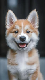 Young brown and white dog sits indoors and looks forward.