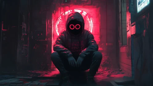Hooded cyber figure before neon portal in ruined alleyway.