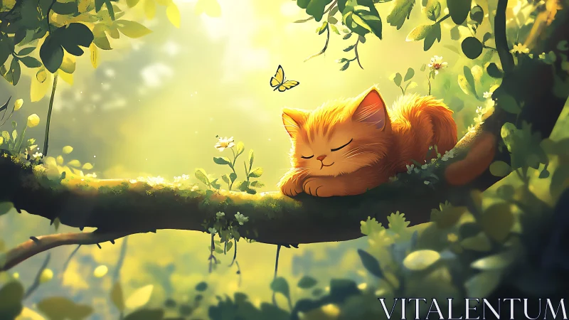 Ginger Cat Resting on Verdant Branch with Dappled Golden Sunlight.