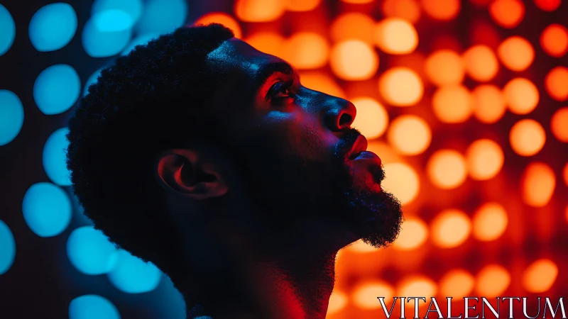 Profile portrait captures subject under dual colored bokeh lighting