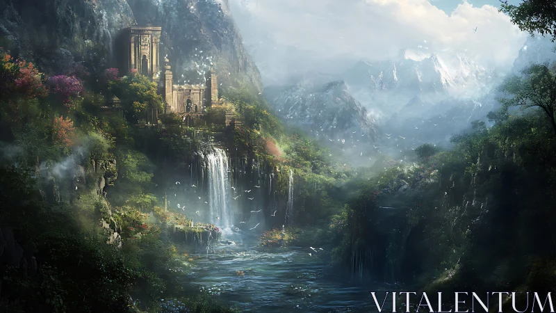 Mountain fortress above waterfall in dense forest valley.