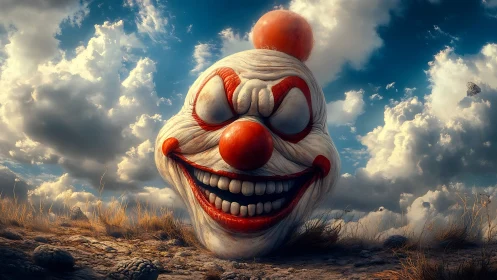 Grinning wasteland clown head under theatrically haunted skies.