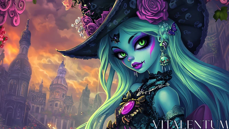 Blue-skinned witch figure in ornate gothic cityscape at dusk.
