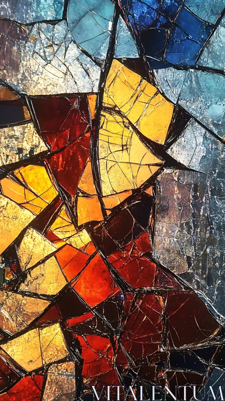 Shattered stained glass glows in rich amber and blue light.