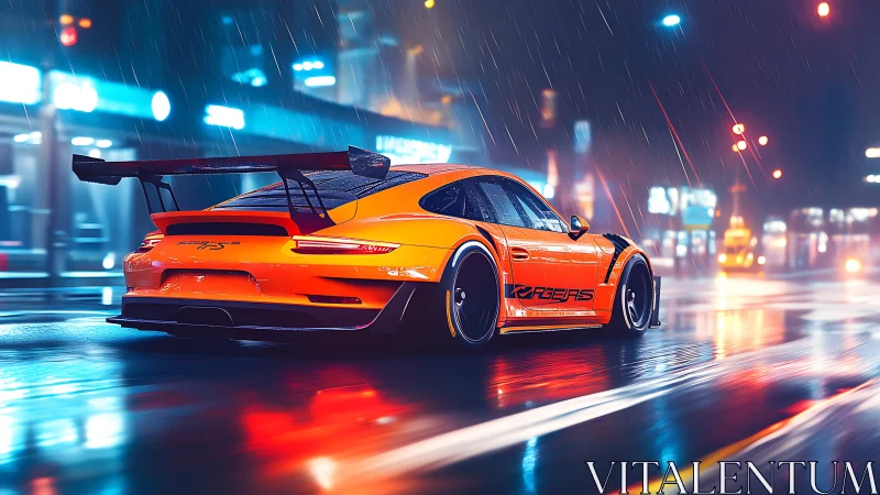 Neon storm racer carving liquid light through midnight rain.