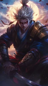 Moonlit demon samurai prepares for battle in swirling embers