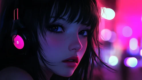 Neon-lit girl in headphones with moody cyberpunk bokeh.