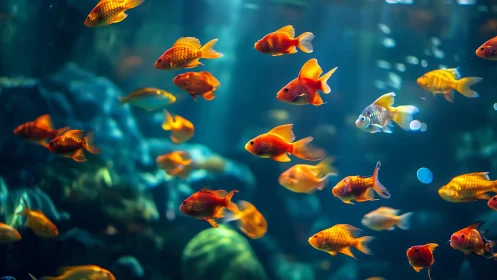 Golden fish drift gently through a calm, glowing blue world