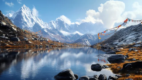 High-altitude glacial lake reflects snow-capped Himalayan ridge