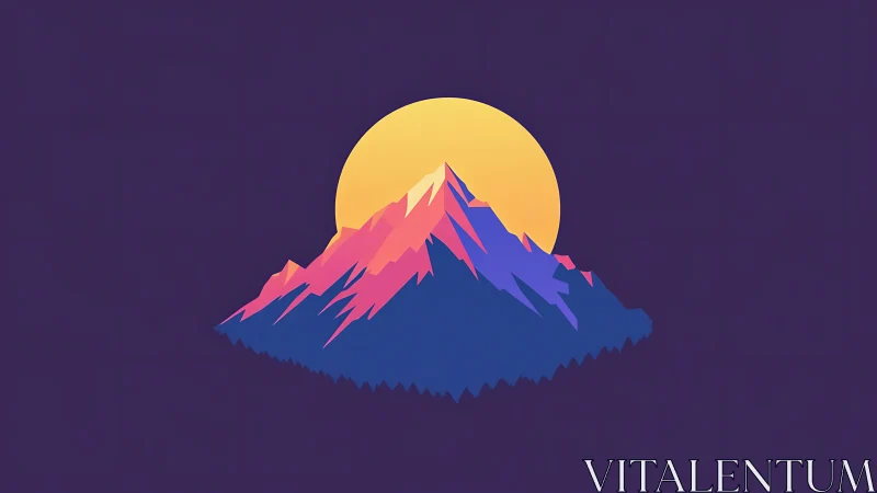 Geometric neon mountain silhouette intersects stylized digital sun