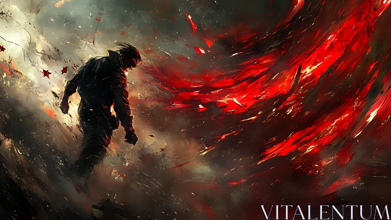 Dynamic digital painting of lone figure against crimson storm.