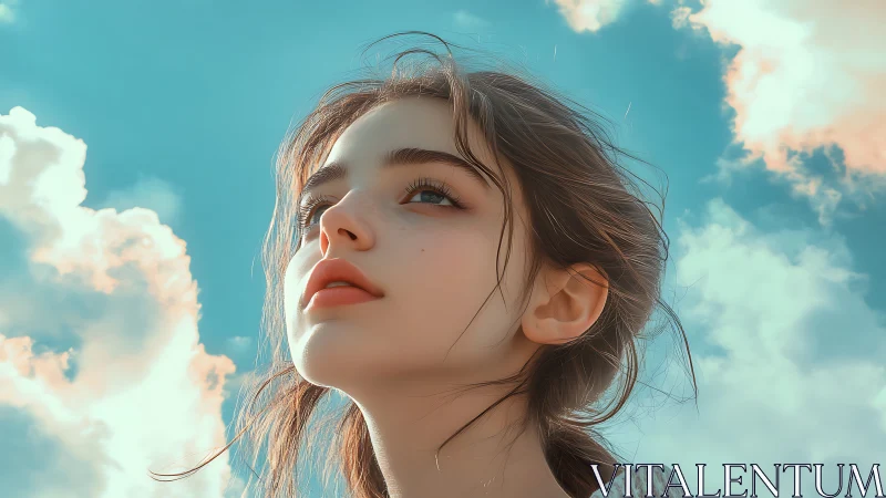 Atmospheric portrait study of upward gaze under cyan sky.