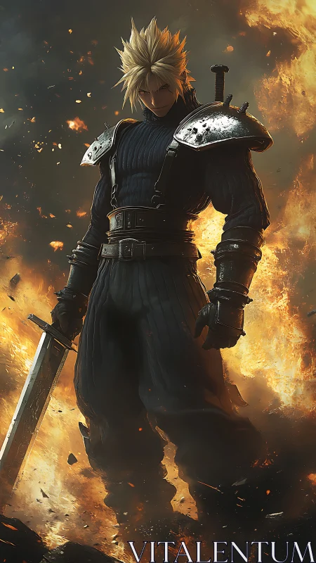 Blade-lit warrior strides through a furnace of falling embers.