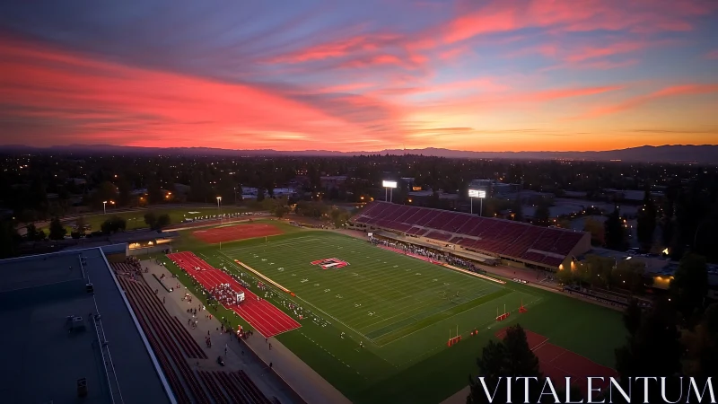 Aerial view of illuminated football stadium at sunset.
