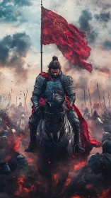 Storm-lit warlord rides through fire with a crimson banner raised