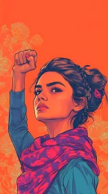 Bold female portrait renders raised fist with neon contouring