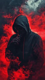 Hooded figure in gas mask amid dense red smoke plume.