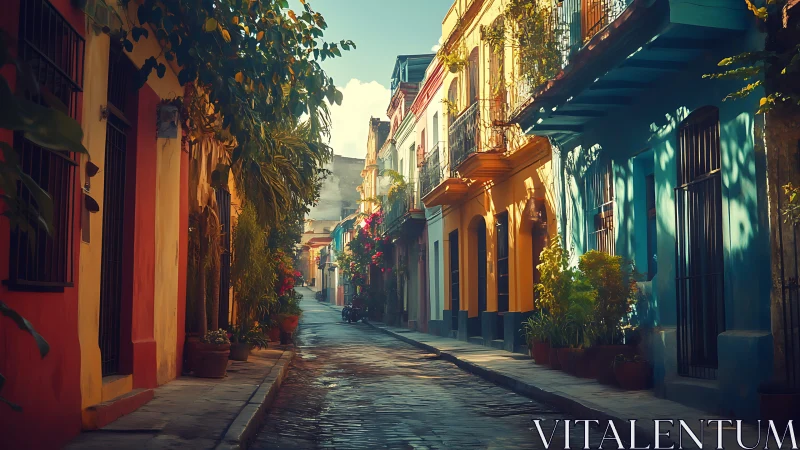 Sunlit colonial alley with vivid facades and soft shadows.