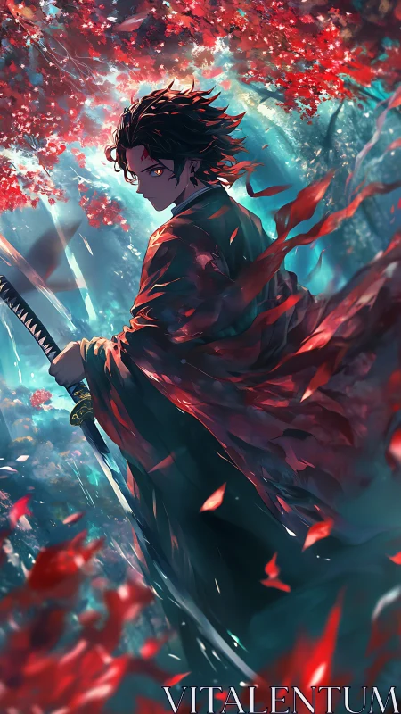 Sword-wielding anime warrior under scarlet forest canopy.