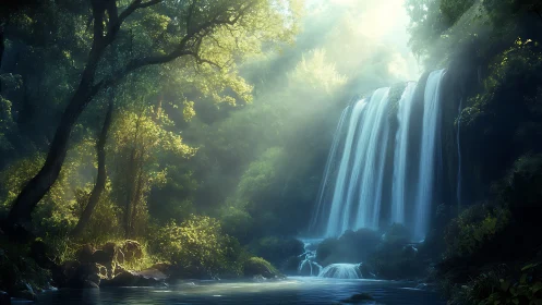 Sunlit Waterfall in Emerald Forest Sanctuary.