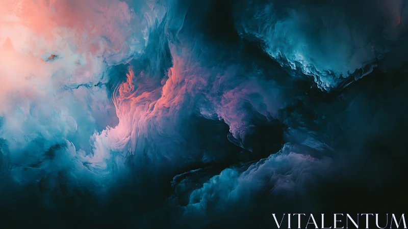 Nebulous teal and coral clouds swirl in an ethereal void.