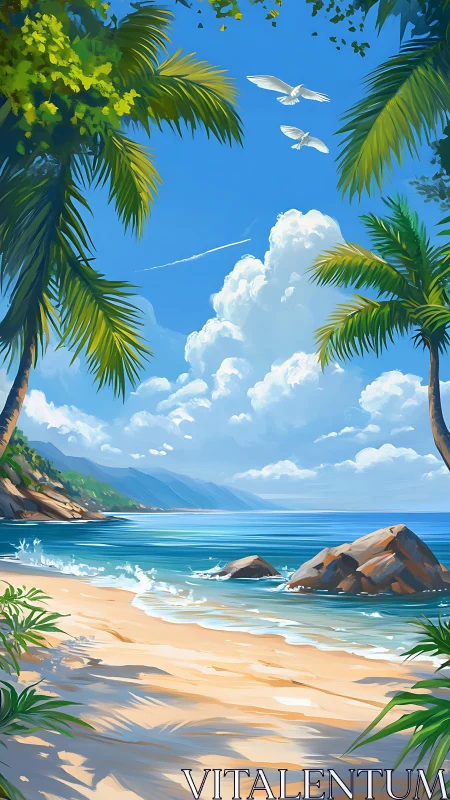 Tropical Beach Paradise with Palm Trees and Clear Skies