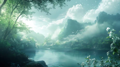 Mist-kissed valley lake cradled in soft morning light.