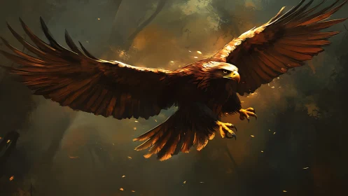 Majestic Eagle Soaring in Dramatic Forest, Digital Art Style.
