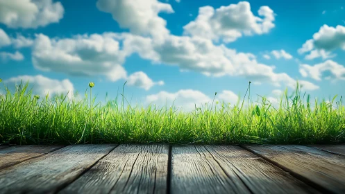 Sunlit grass verge along rustic wooden deck boards.