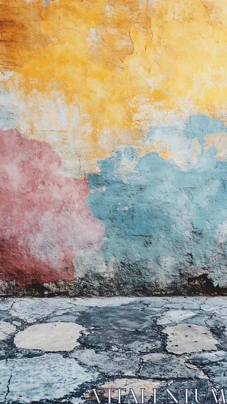 Weathered rainbow wall quietly rehearses its fading echo