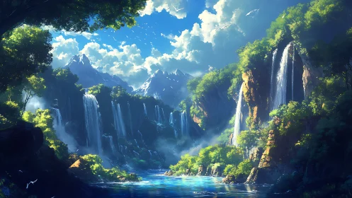 Layered waterfalls in dense forest valley under daylight.