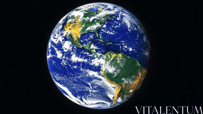 Earth from space showing Americas, oceans, swirling clouds.