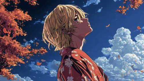Blond anime figure in red kimono under vivid autumn sky.