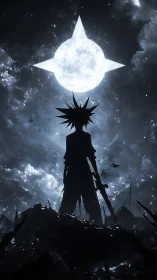 Silhouetted warrior confronts luminous star-like moon in stormy sky
