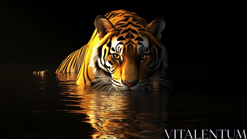Tiger in low-key water environment uses dramatic rim lighting