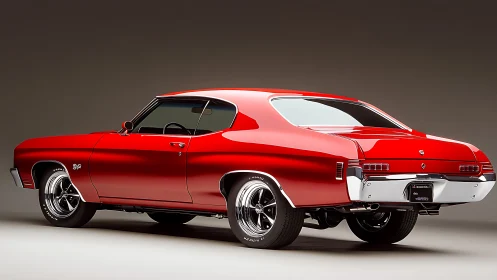 Bold red muscle car gleams under studio lights in proud profile