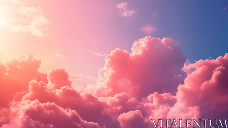 Sunlit pink cumulus clouds glow against clear blue sky