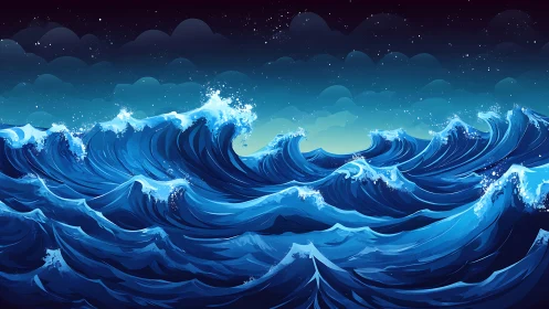 Rolling moonlit waves surge across a restless ocean.