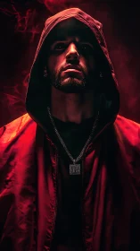 Hooded male subject in red jacket with pendant necklace.