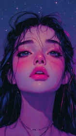 Starlit neon portrait with upward gaze and violet glow.